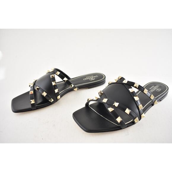 Valentino Rockstud Crisscross Strap Leather Black Slide Slip On Flat Sandal 40 - Picture 14 of 16